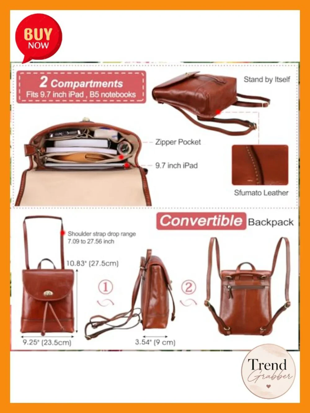 Italian Full Grain Leather Convertible Backpack Purse for Women, Fits iPad,